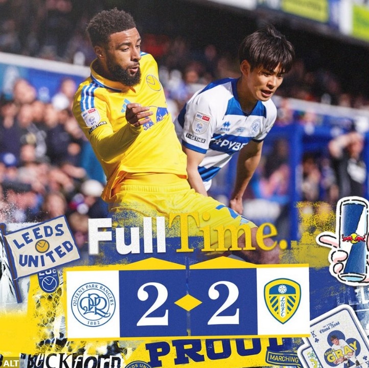 英冠榜首利茲聯連追兩球2-2戰平QPR，近4輪僅1勝領先優勢縮小