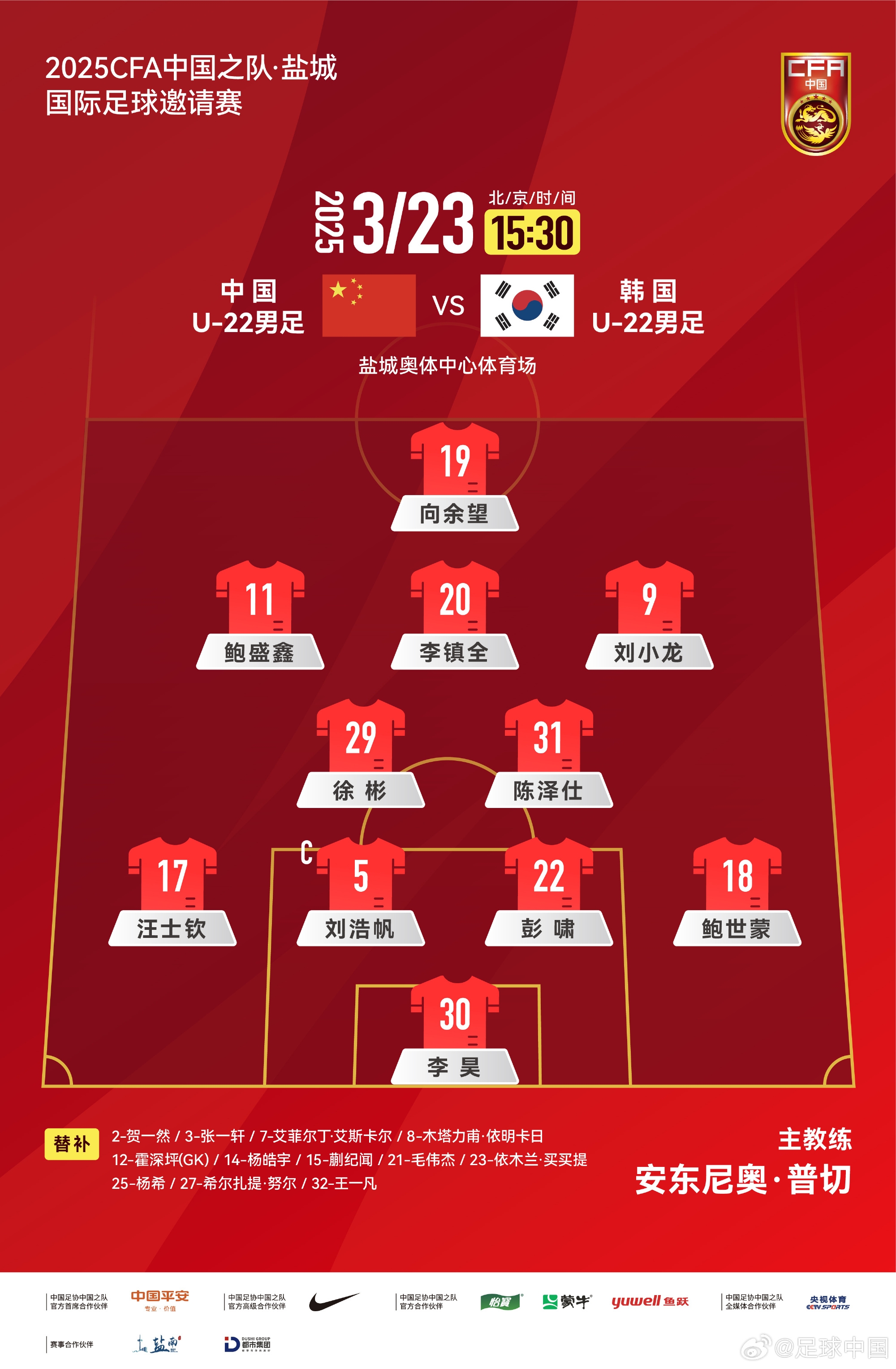 鹽城四國賽，中國U-22男足對陣韓國U-22男足，中國隊首發陣容